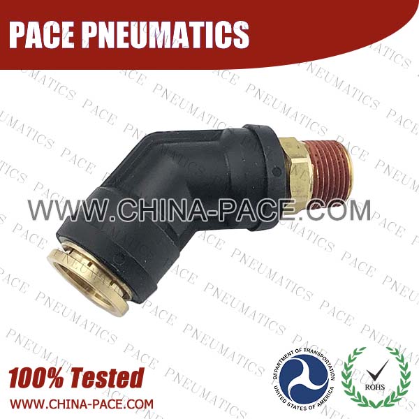 45 Degree Male Elbow DOT Push To Connect Air Brake Fittings, DOT Push In Air Brake Tube Fittings, DOT Approved Brass Push To Connect Fittings, DOT Fittings, DOT Air Line Fittings, Air Brake Parts